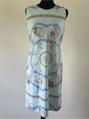 J McLaughlin Catalina Cloth Sophia Shift Dress M Aqua Equestrian Chain Print